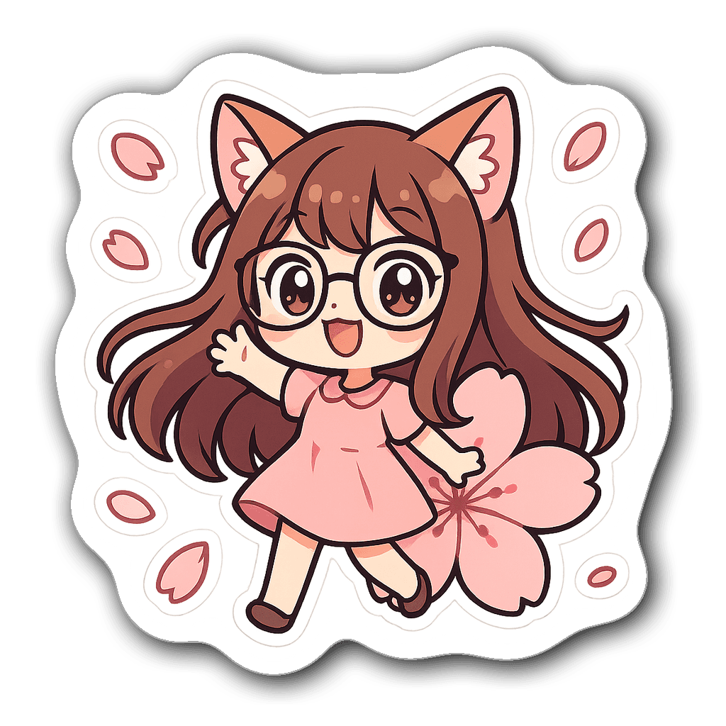 A cute catgirl wearing oversized glasses surrounded by cherry blossoms