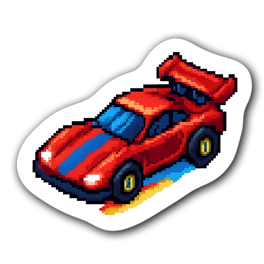 Pixel art retro race car sticker with colorful exhaust flames