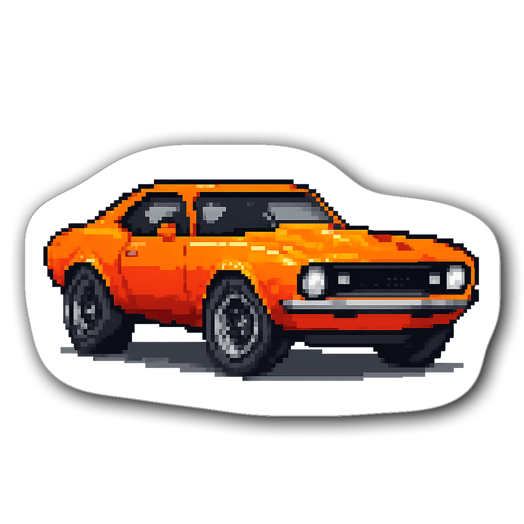 Pixel art vintage muscle car sticker in orange with bold outlines