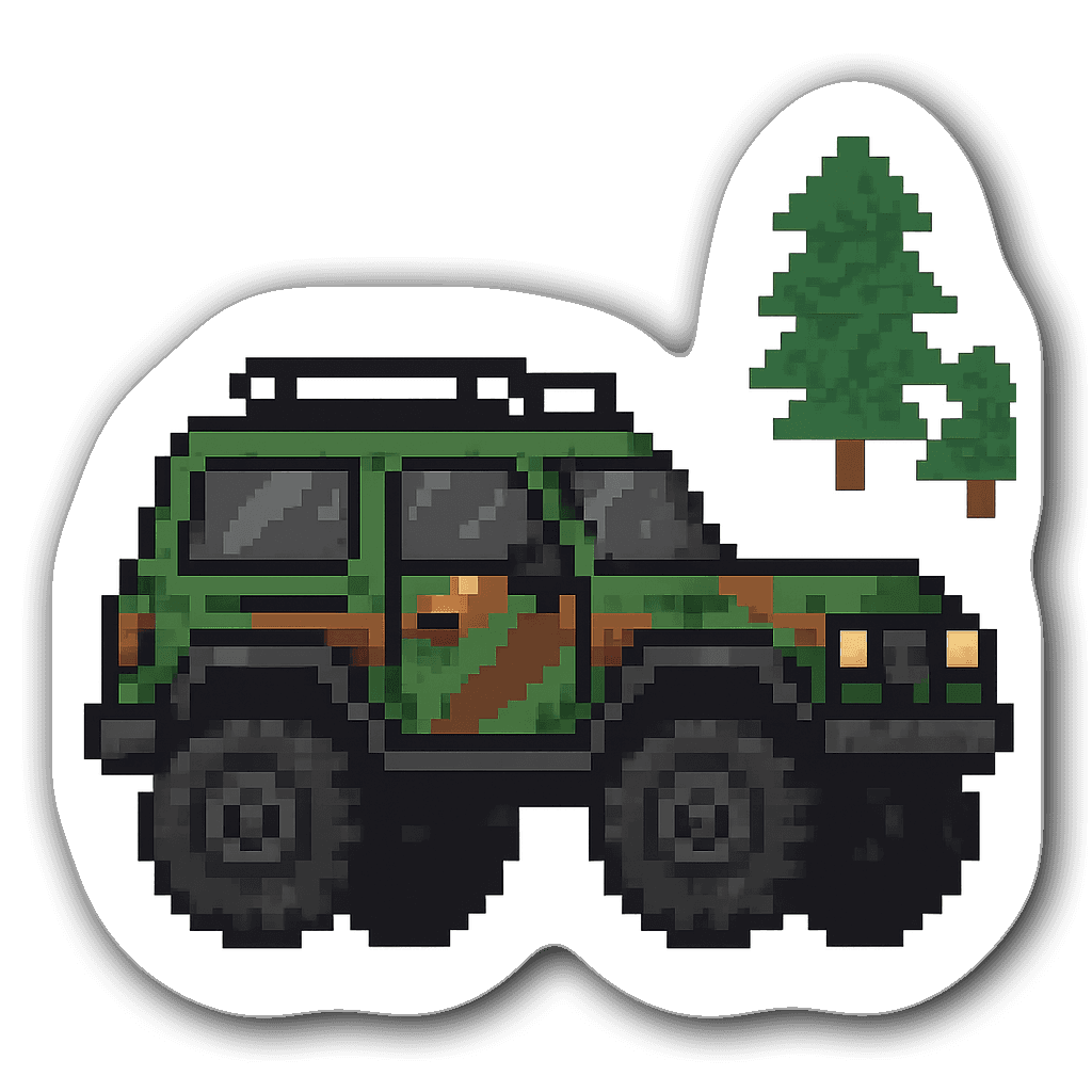 Pixel art off-road vehicle sticker with green and brown patterns