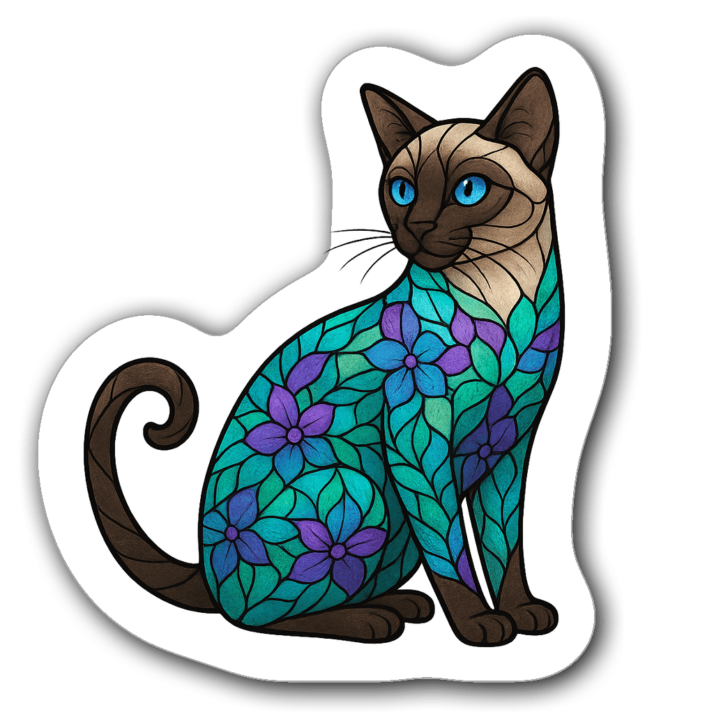Siamese cat sticker with stained glass design and floral patterns