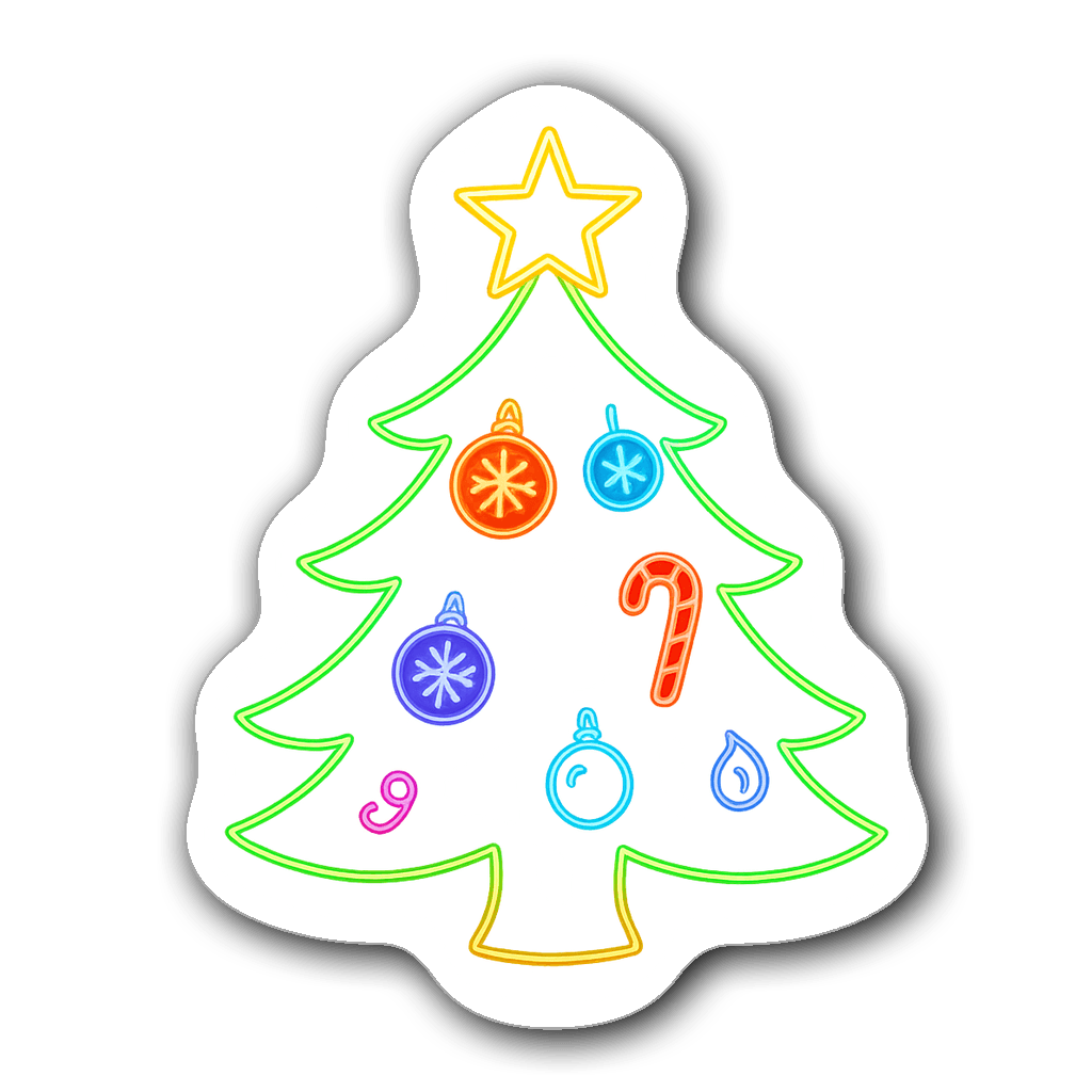 Vibrant neon outline sticker of a decorated Christmas tree