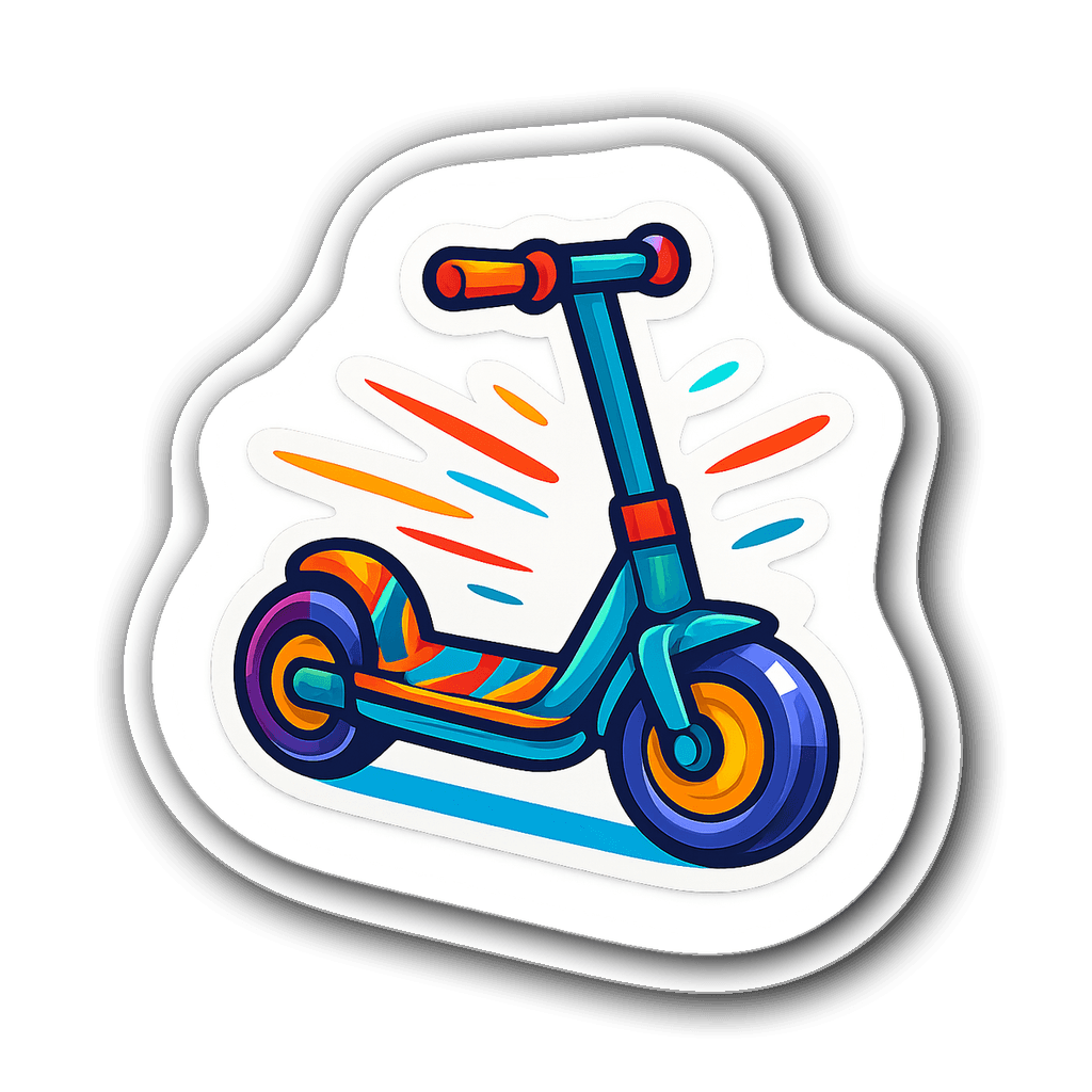 Vibrant cartoon-style electric scooter sticker with motion lines