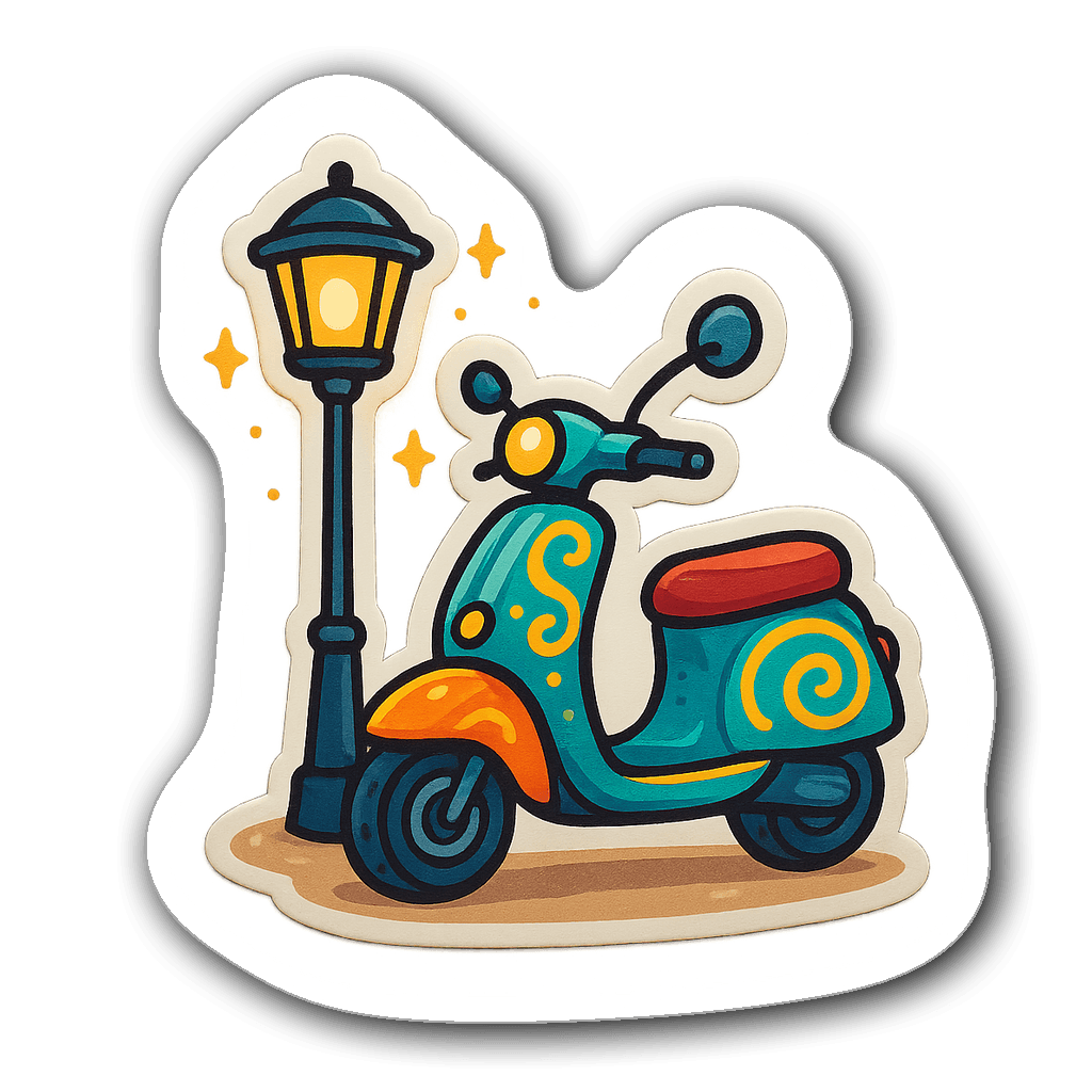 Whimsical electric scooter sticker under a cartoon streetlamp