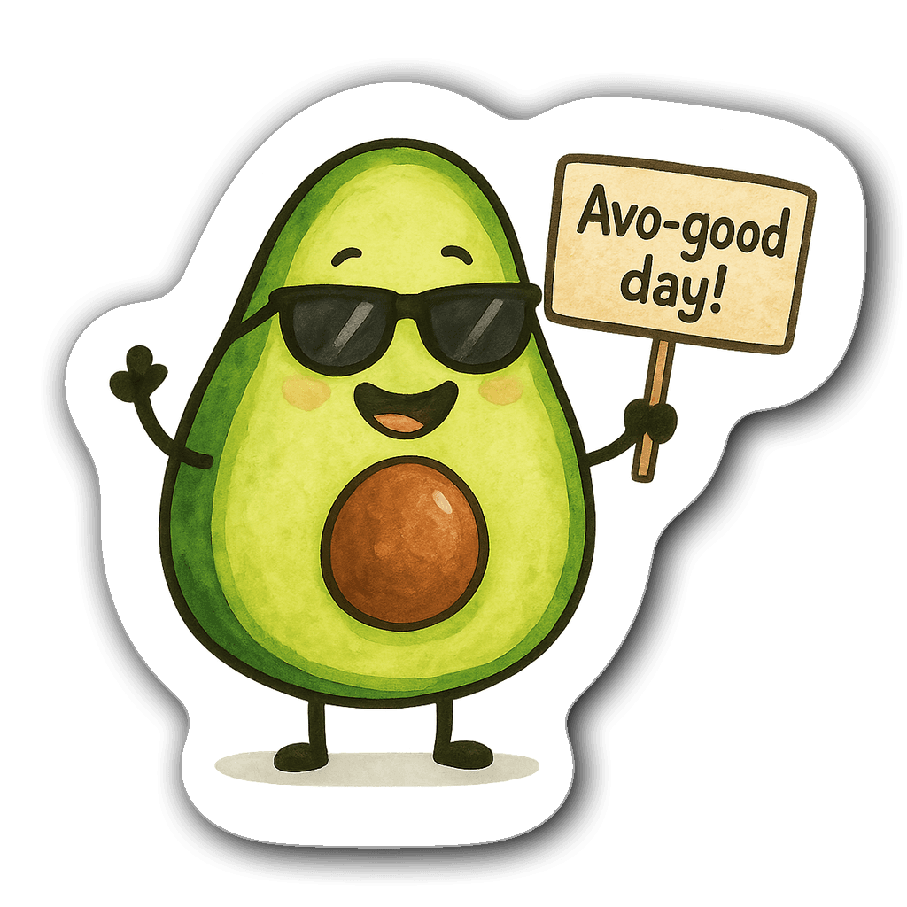 Cartoon avocado wearing sunglasses and holding a sign saying 'Avo-good day'