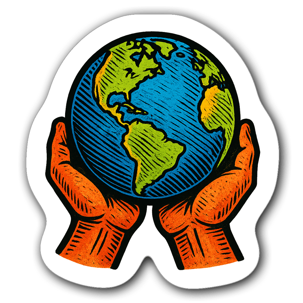 Vinyl sticker of hands holding a colorful globe in a linocut style