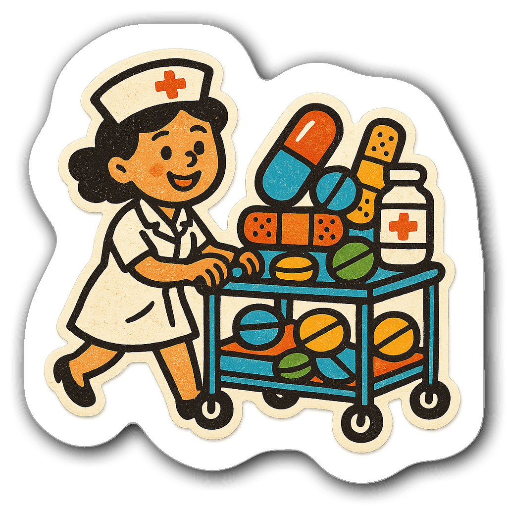 Cheerful nurse pushing a cart filled with medical supplies sticker