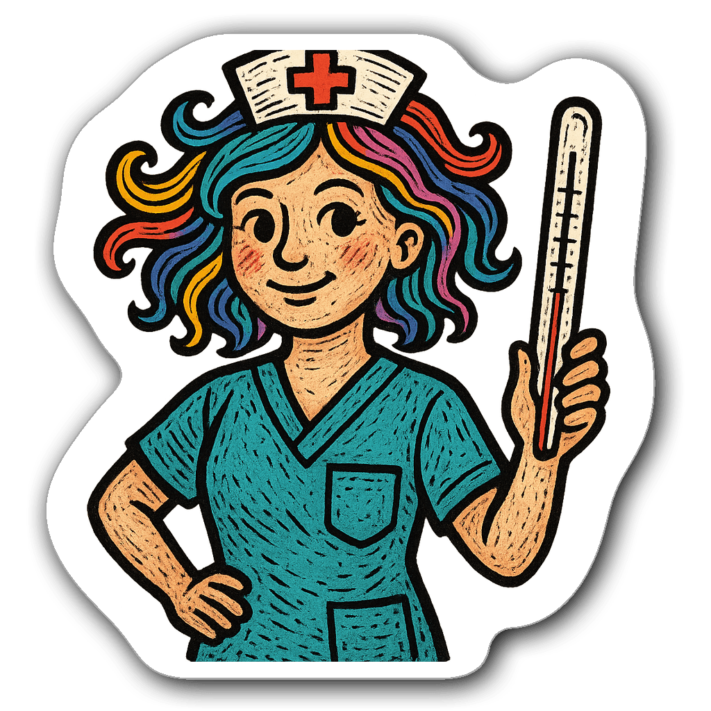 Whimsical nurse sticker with colorful hair and thermometer