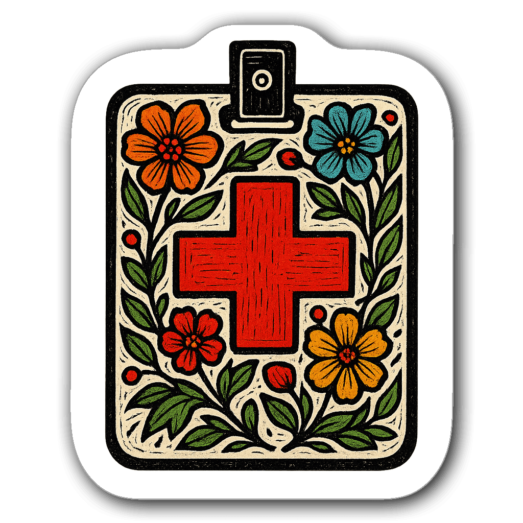 Nurse badge sticker with red cross and floral patterns in linocut style