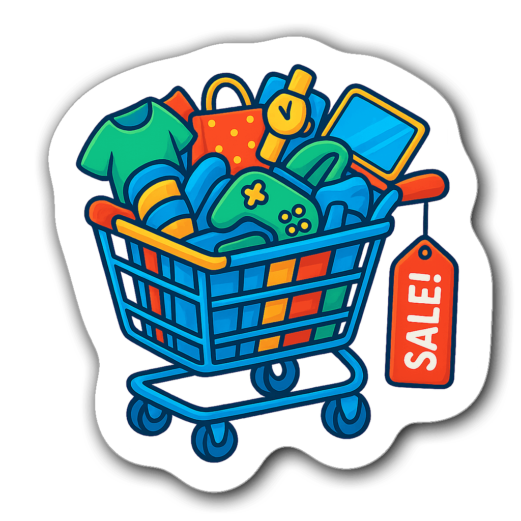 Cartoon-style shopping cart overflowing with colorful items and a Sale tag