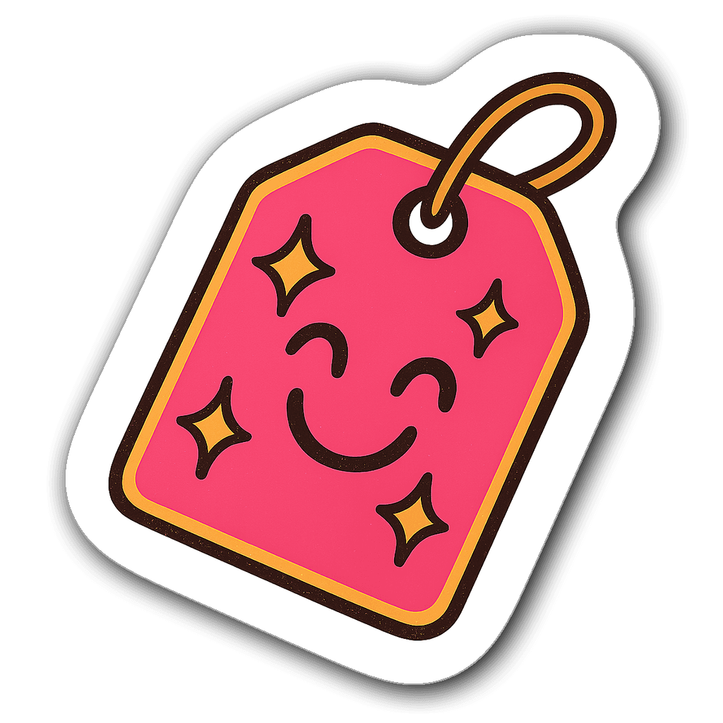 Playful price tag design in pink and orange with sparkles