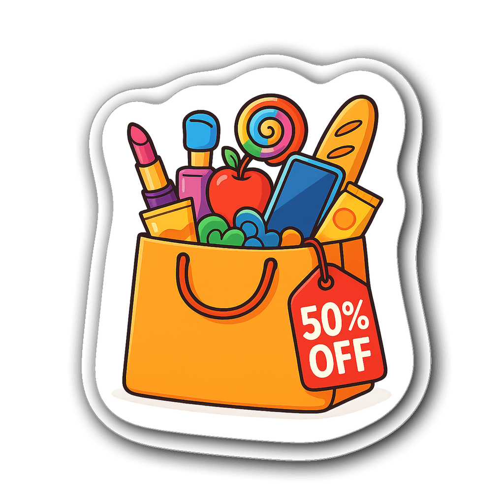Whimsical shopping bag sticker with colorful products and 50% off tag