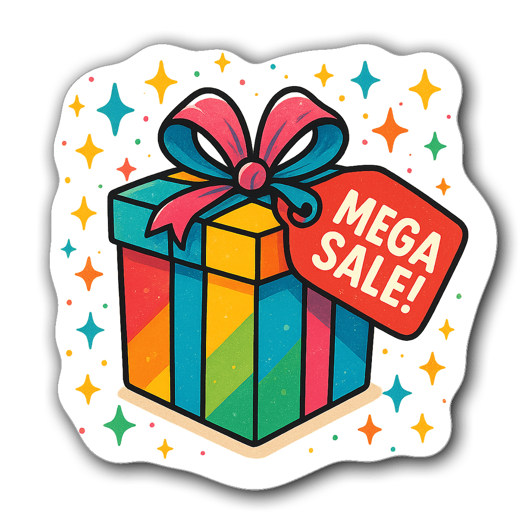 Multi-colored gift box with a big bow and sparkles