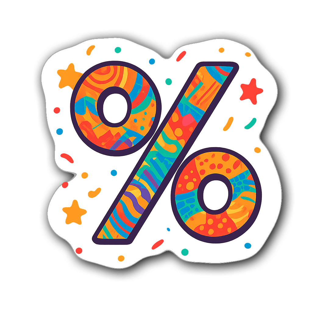 Vibrant percentage symbol sticker with colorful patterns and stars