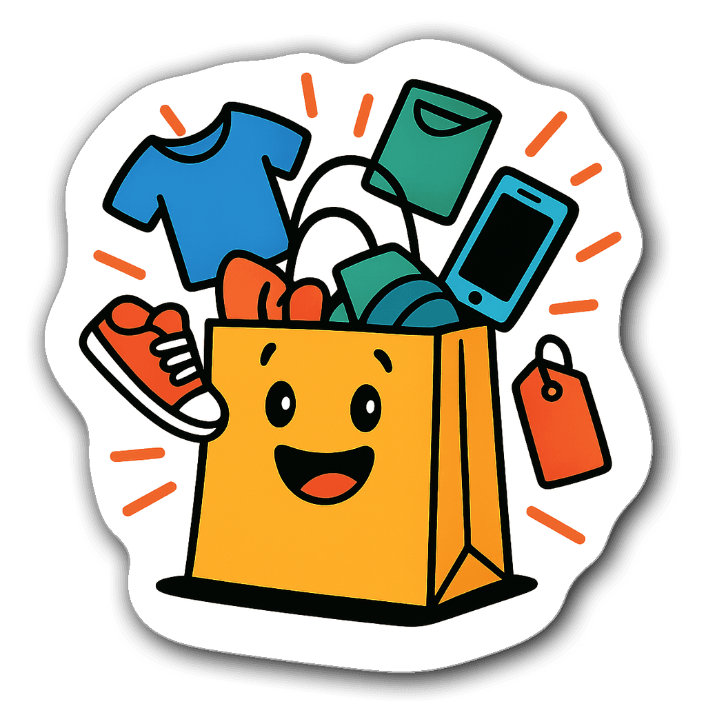 Cheerful shopping bag bursting with colorful items like clothes and gadgets.