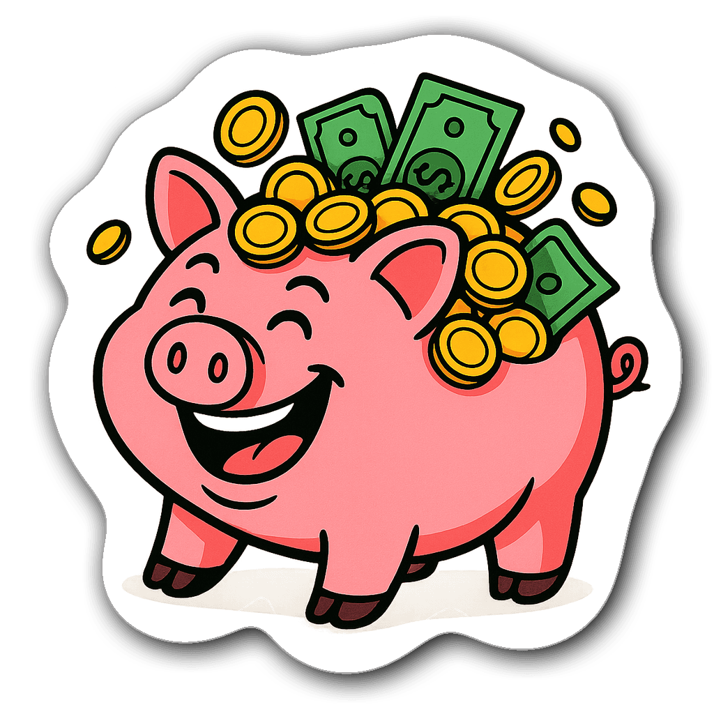 Playful piggy bank overflowing with coins in vibrant colors