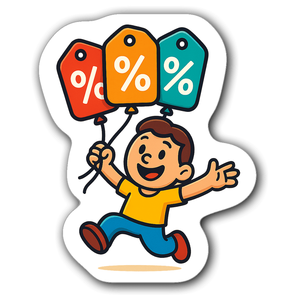 A happy cartoon character holding balloons shaped like discount tags.