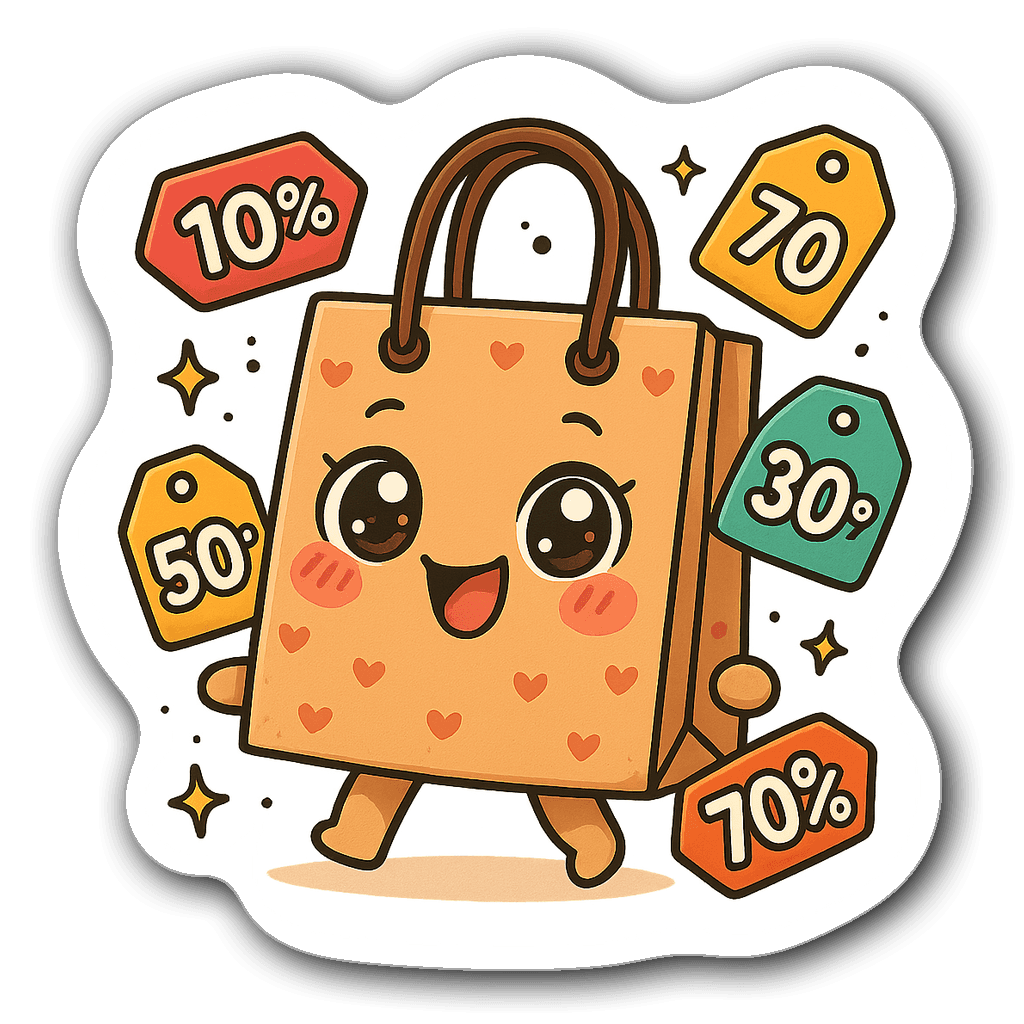 Kawaii chibi shopping bag with sale tags and rosy cheeks