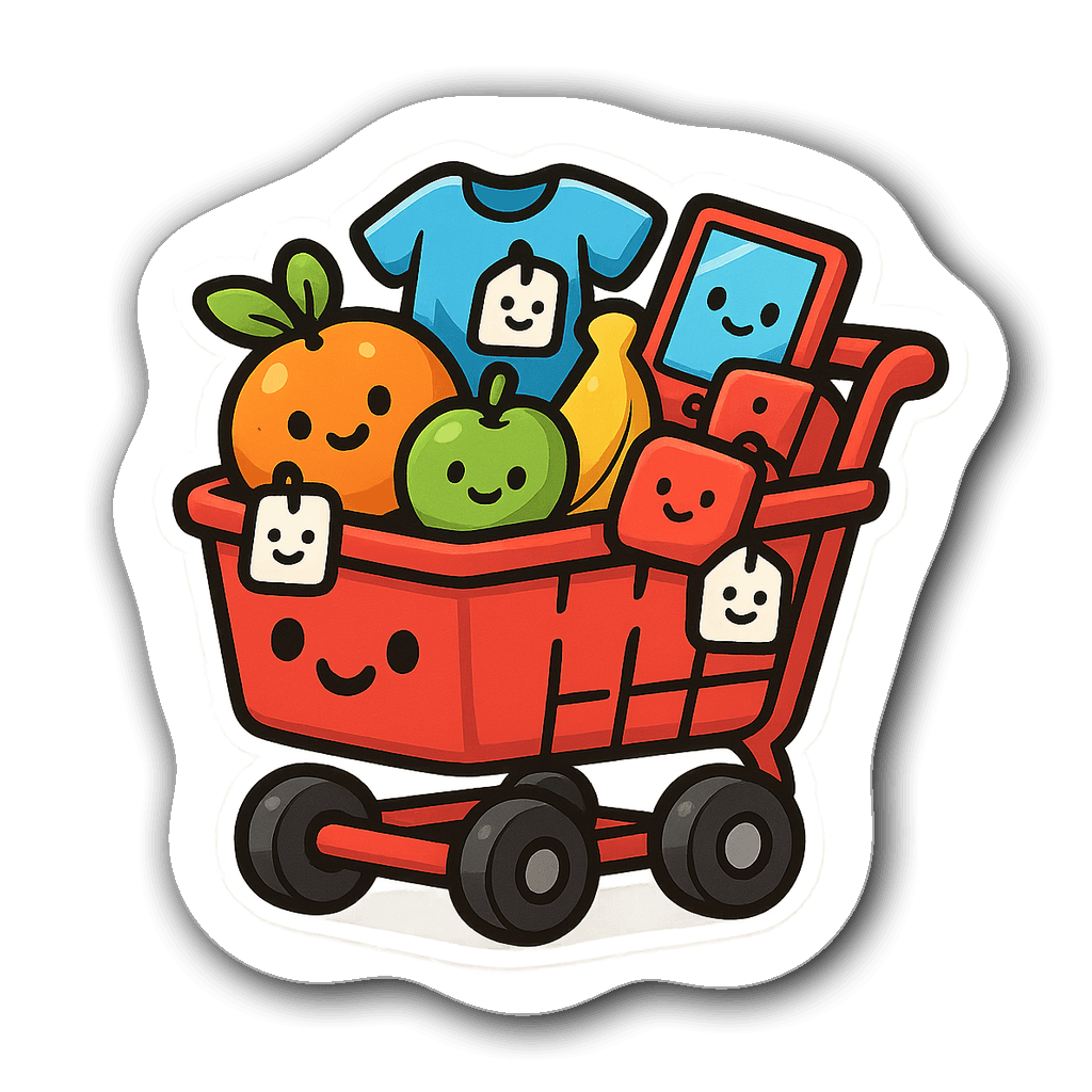 Kawaii chibi shopping cart filled with cute items