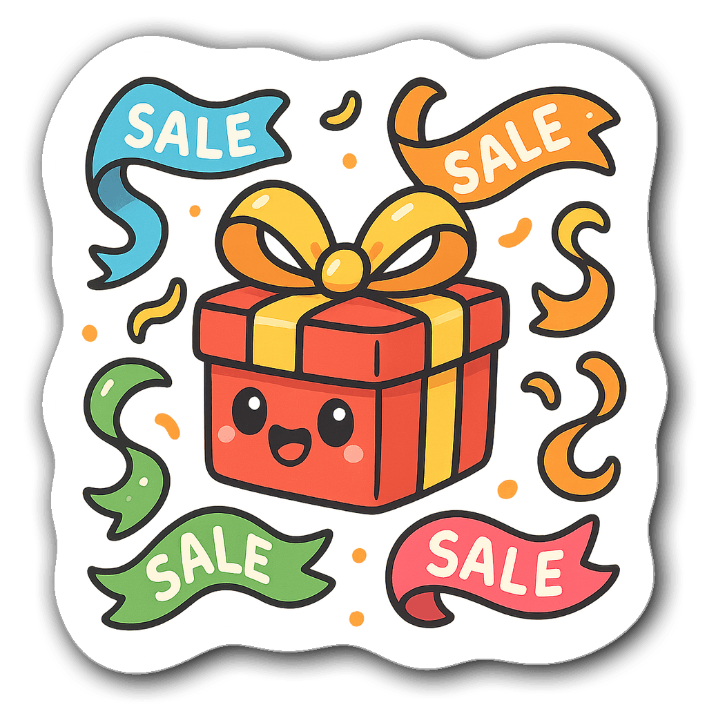 Kawaii chibi gift box with big eyes and smile surrounded by ribbons
