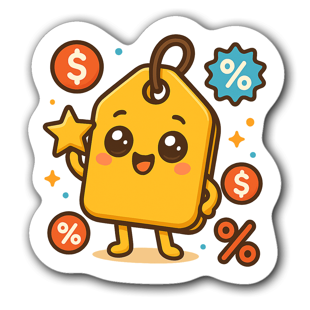 Kawaii chibi price tag character with cute face and star