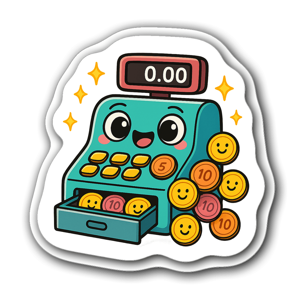 Kawaii chibi cash register with colorful coins and smile