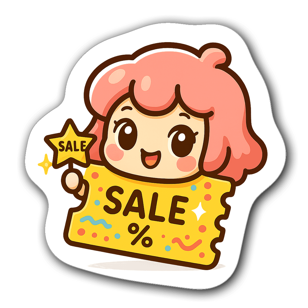 Kawaii chibi character styled as a voucher with bright colors