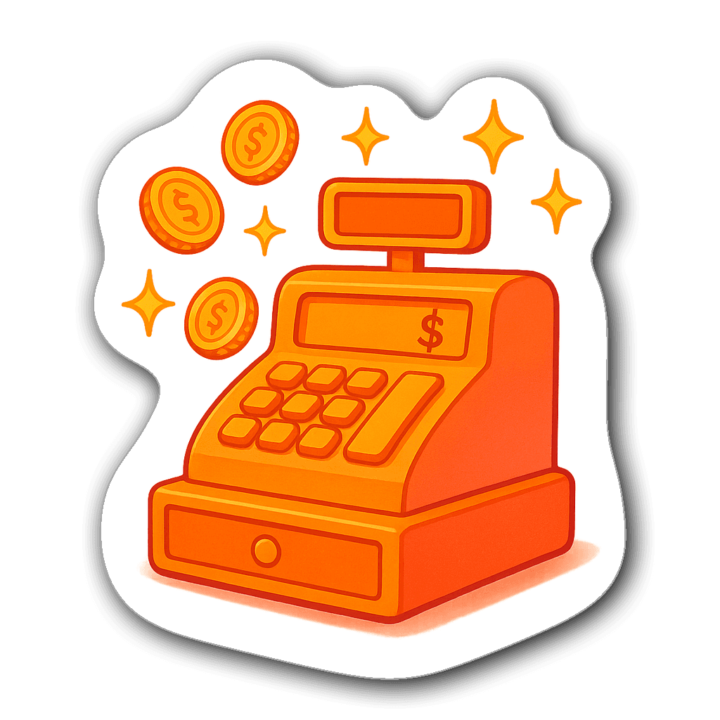 Cheerful retro cash register sticker with coins and stars