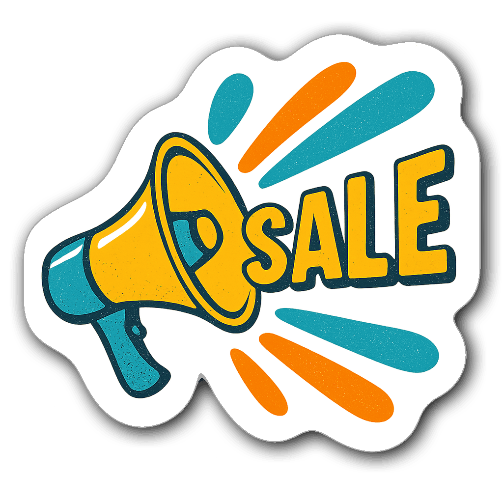 Retro megaphone sticker with colorful sound waves