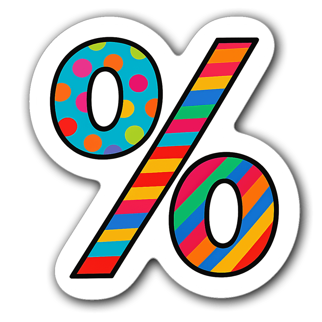 Vibrant die-cut percentage symbol sticker with bright patterns