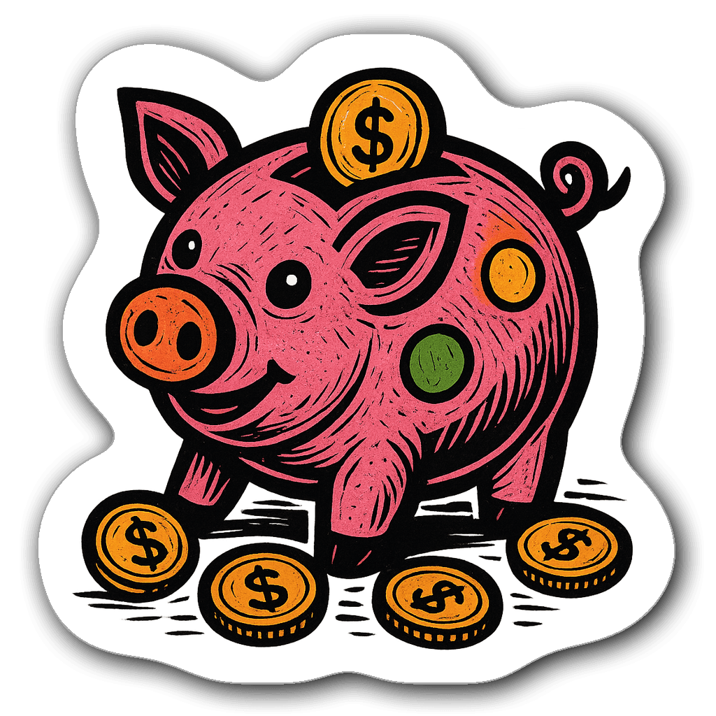Vibrant linocut style piggy bank sticker with coins