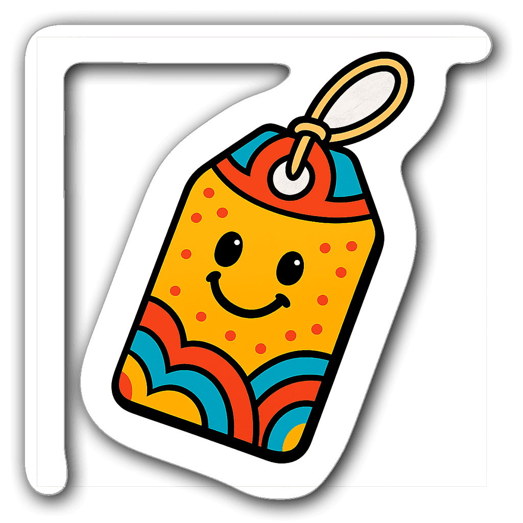Cheerful price tag sticker with colorful patterns and outlines