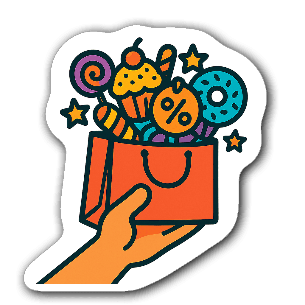 Die-cut sticker of a hand holding a colorful shopping bag