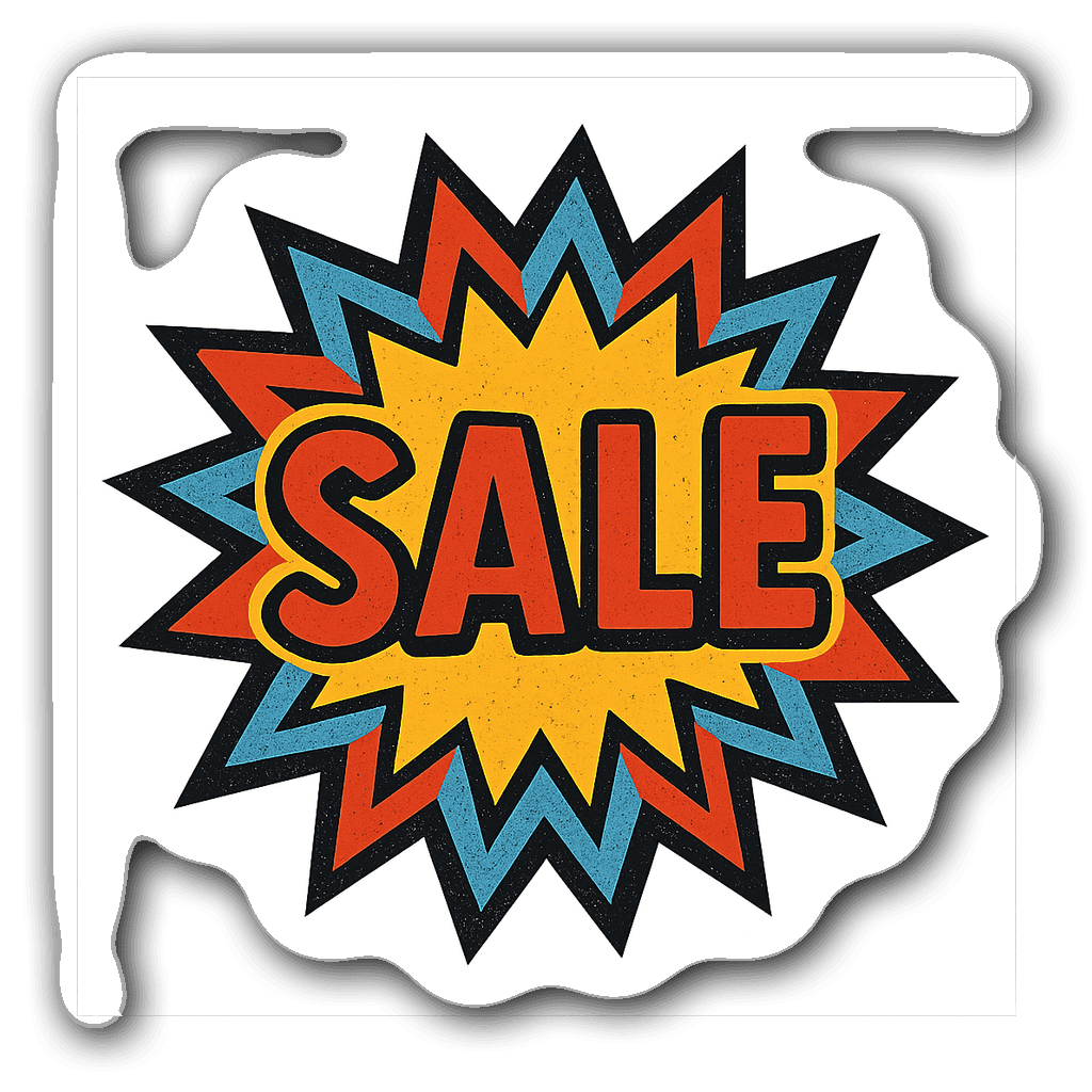 Woodblock style sale banner sticker with starburst design
