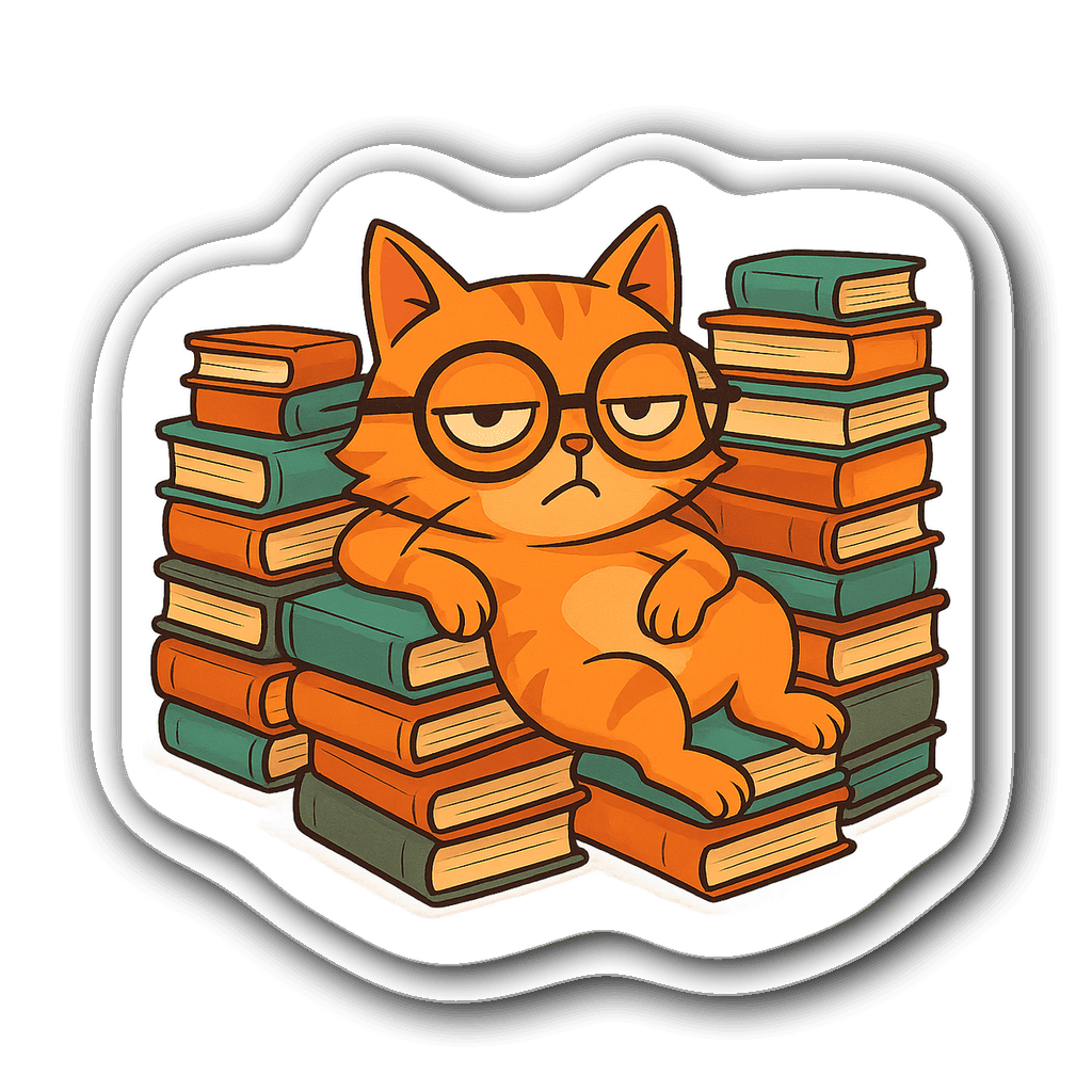 A cartoon cat lounging on books with glasses, funny design.