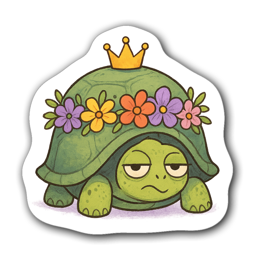 Sarcastic tortoise sticker with a crown and flowers