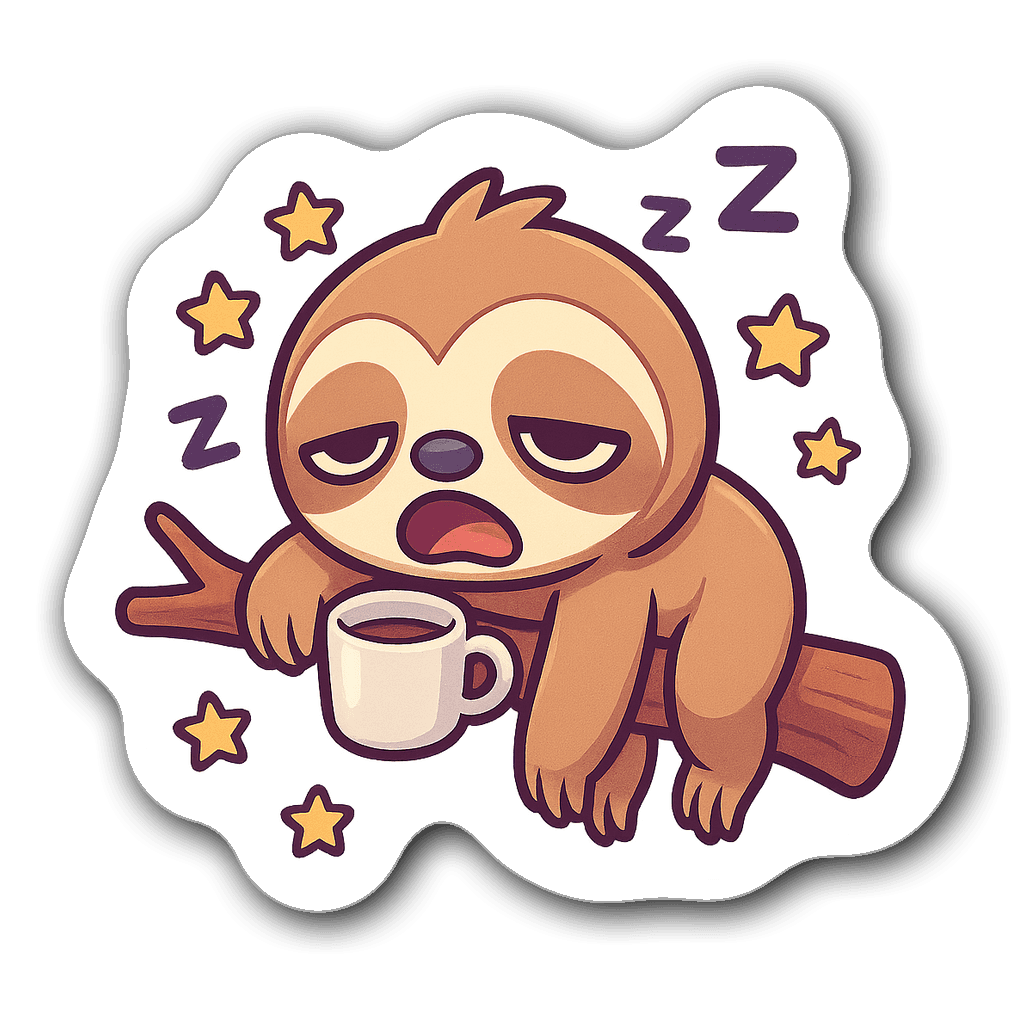 Chibi sloth sticker lounging on a branch with coffee