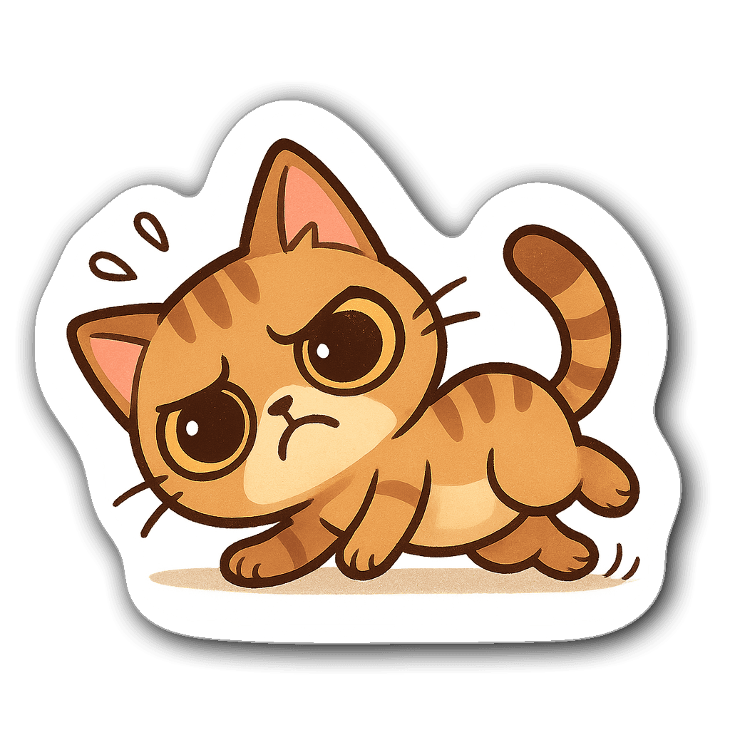 Chibi cat sticker with big eyes looking annoyed and rolling on the floor