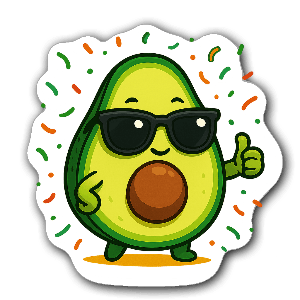 Chibi avocado with big eyes wearing sunglasses and giving a thumbs up, surrounded by confetti
