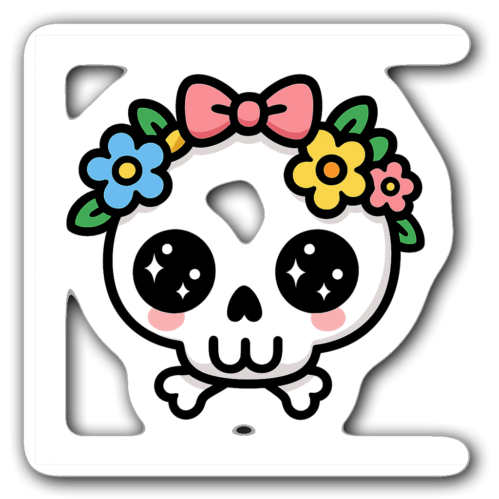 Cute chibi skull sticker with flowers and vibrant colors