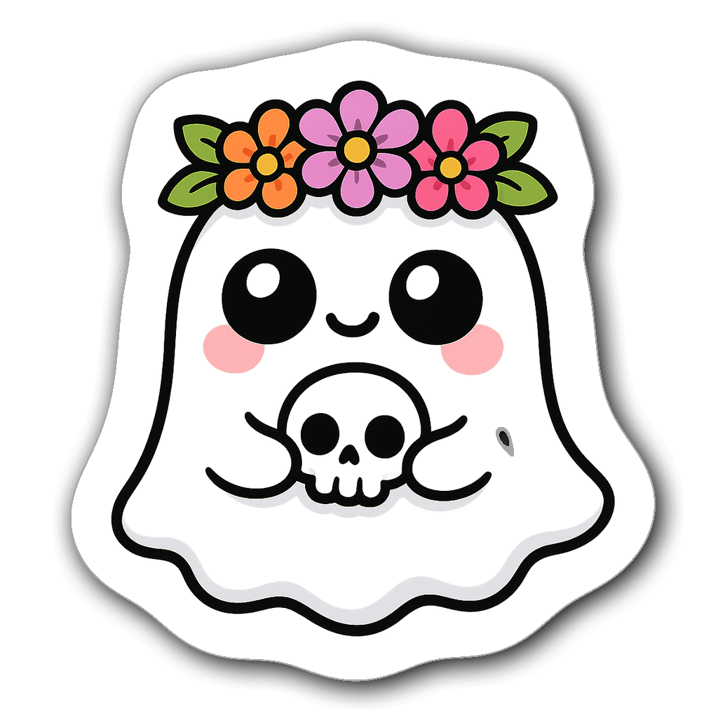 Kawaii chibi ghost with big eyes and pastel colors