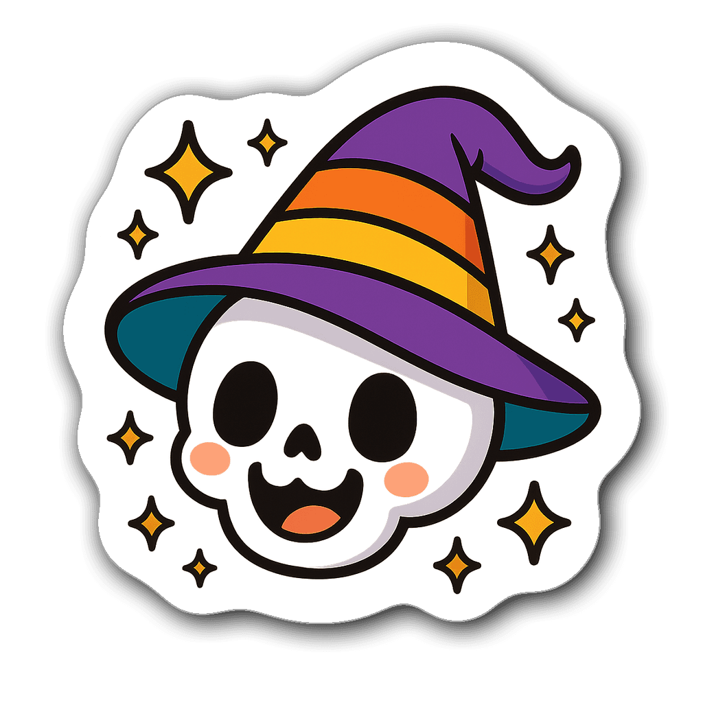 Cute chibi witch skull with big eyes and colorful hat