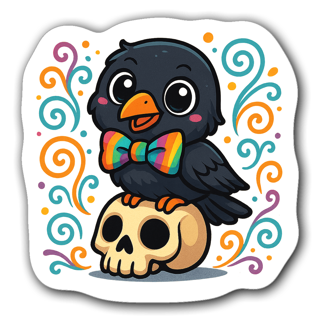 Chibi raven perched on a stylized skull, colorful design