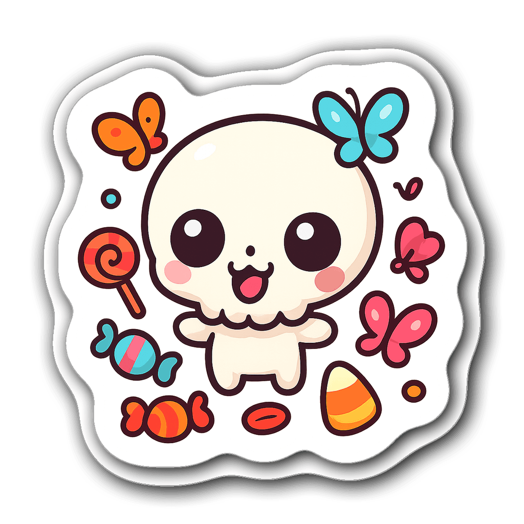 Kawaii chibi skull with big eyes and pink bow surrounded by flowers
