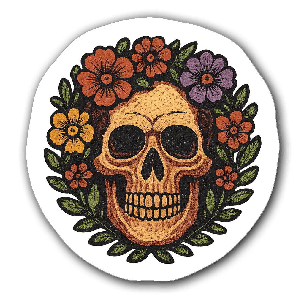 Intricately designed retro skull badge with colorful flowers