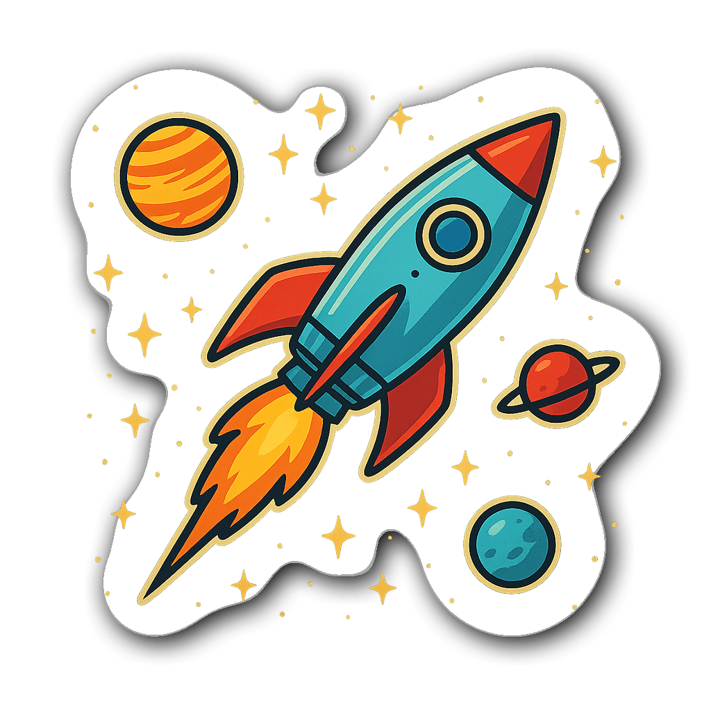 Retro rocket ship soaring through a starry night sky sticker