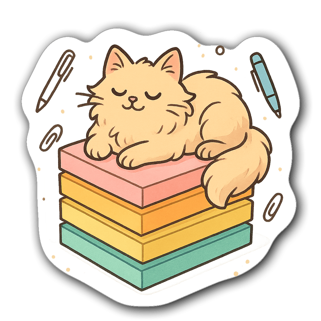 Watercolor illustration of a fluffy cat on colorful sticky notes