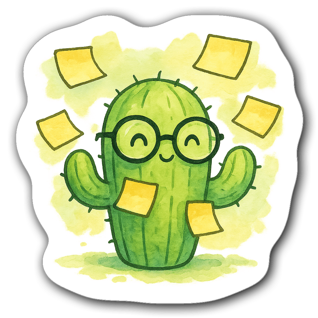 Bright cartoon cactus with glasses and sticky notes in watercolor