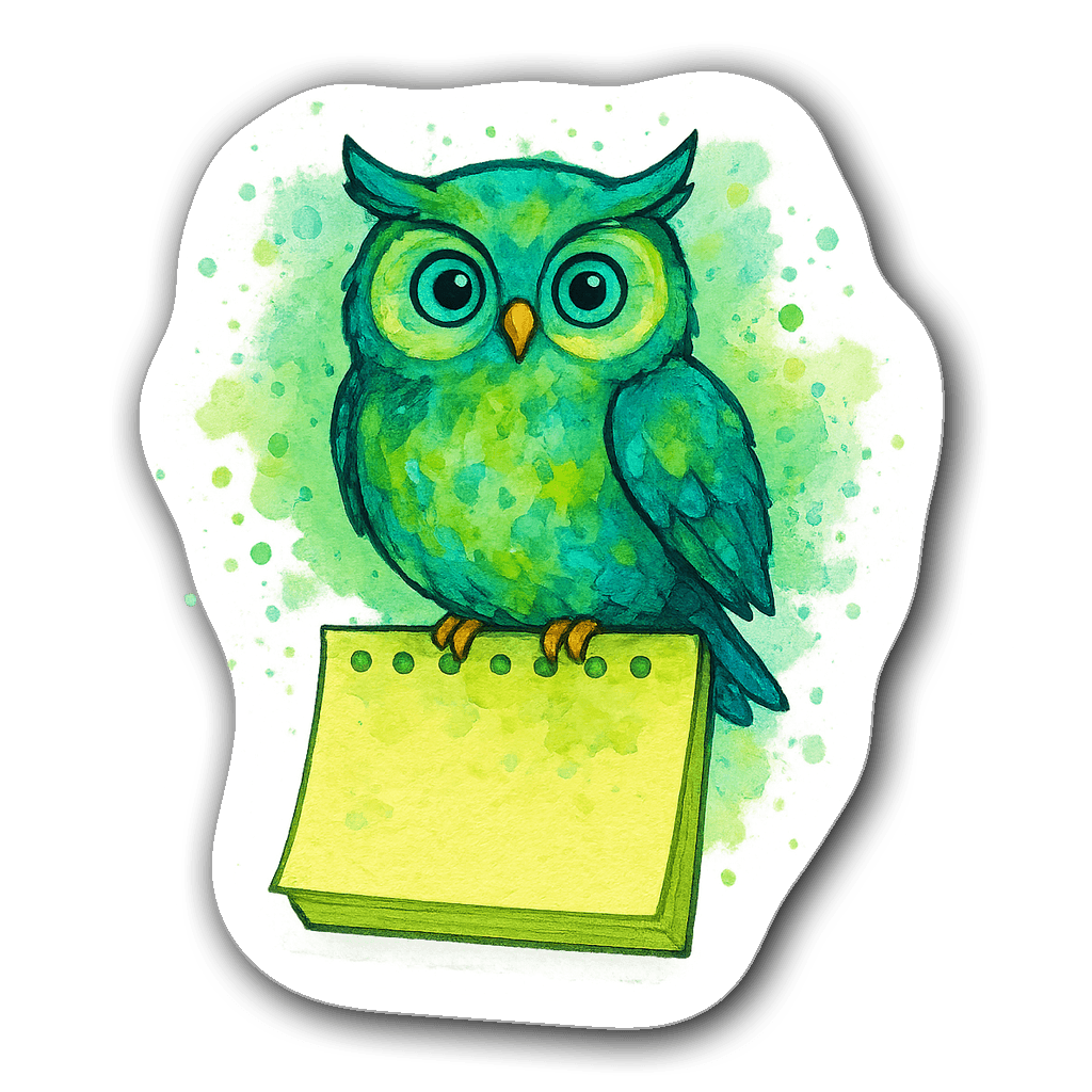 Watercolor illustration of a whimsical owl on sticky notes