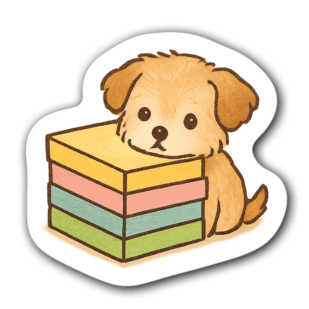 Cute dog illustration behind colorful sticky notes